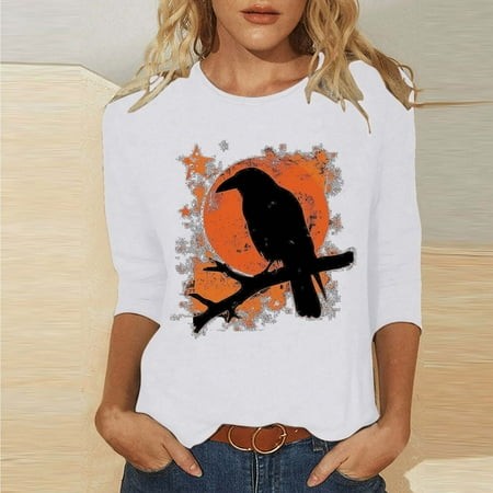SZJXBUY Womens 3/4 Sleeve Blouse 2024 Halloween Shirts for Women Cute Vintage Ghost Graphic Tees Crewneck Tops Halloween Funny Gift T Shirt White M
