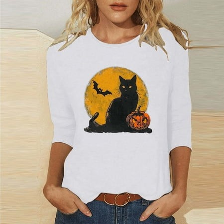 SZJXBUY Women S 3/4 Sleeve Blouse 2024 Halloween Shirts for Women Cute Vintage Ghost Graphic Tees Crewneck Tops Halloween Funny Gift T Shirt White L