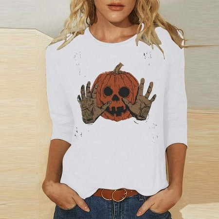 SZJXBUY Women S Blouses 3/4 Sleeve 2024 Halloween Shirts for Women Cute Vintage Ghost Graphic Tees Crewneck Tops Halloween Funny Gift T Shirt White S