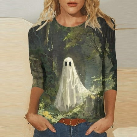 SZJXBUY 3/4 Length Sleeve Shirt for Women 2024 Halloween Shirts for Women Cute Vintage Ghost Graphic Tees Crewneck Tops Halloween Funny Gift T Shirt G