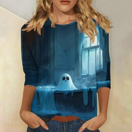 SZJXBUY Women S Ghost Shirts Womens Halloween Blouses 3/4 Length Sleeve Womens Tops Crew Neck Tshirts Printed Cute Shirts Halloween Costumes 2024 Blue