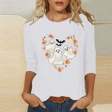 SZJXBUY 3/4 Sleeve Tshirts Shirts for Women 2024 Halloween Shirts for Women Cute Vintage Ghost Graphic Tees Crewneck Tops Halloween Funny Gift T Shirt