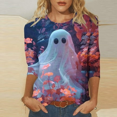 SZJXBUY 3/4 Sleeve Blouse for Women 2024 Halloween Shirts for Women Cute Vintage Ghost Graphic Tees Crewneck Tops Halloween Funny Gift T Shirt Multico