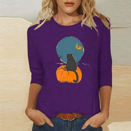 SZJXBUY Womens 3/4 Sleeve Blouses 2024 Halloween Shirts for Women Cute Vintage Ghost Graphic Tees Crewneck Tops Halloween Funny Gift T Shirt Purple L