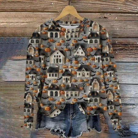 Qelini Fall Graphic Sweatshirts for Women 2026 Halloween Long Sleeved Oversized Crewneck Sweatshirt Plus Size Pumpkin Ghost Print Spooky Season Hallow
