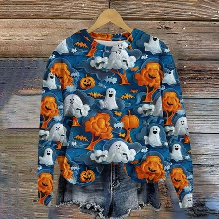 Qelini Halloween Sweatshirts for Women 2026 Long Sleeved Oversized Crewneck Sweatshirt Graphic Pumpkin Ghost Print Spooky Season Holiday Party Sweater