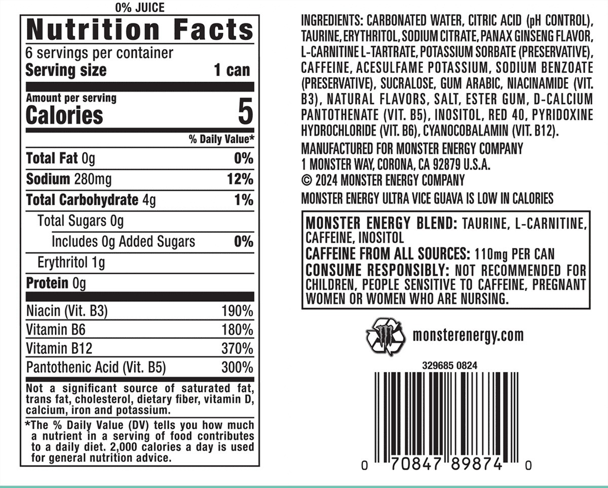 Monster Ultra Vice Guava Sugar Free Energy Drink 12 Fl Oz 6 Pack thumbnail