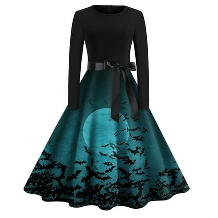 Taymeis Womens Halloween Dress Long Sleeve 1950s Vintage Dress Crewneck Halloween Print Cocktail Swing Dress Hepburn Style a-Line Tea Party Dresses Co