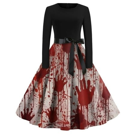 Taymeis Halloween Dresses for Women 1950s Retro Pumpkin Print Hepburn Dresses Long Sleeve Crew Neck Tea Party Dresses Fall a-Line Swing Dress Cosplay 