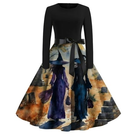 Taymeis Halloween Dresses for Women Long Sleeve 1950s Vintage Dress Crewneck Hepburn Style Prom Dress Witch Print Knee-Length Evening Dresses Cosplay 