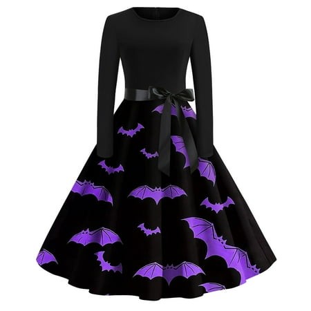 Taymeis Womens Halloween Dress Long Sleeve 1950s Retro Dresses Crewneck Bat Print Cocktail Dress Hepburn Style Knee-Length Prom Dresses Cosplay Costum