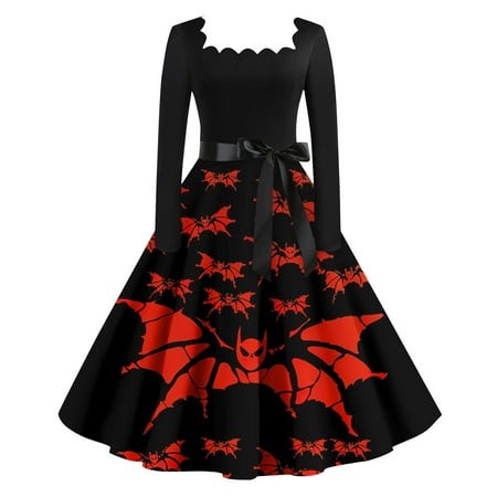 Taymeis Halloween Dresses for Women 1950s Vintage Bat Print Hepburn Dresses Long Sleeve V Neck Evening Dresses Fall Plus Size Swing Dress Cosplay Cost