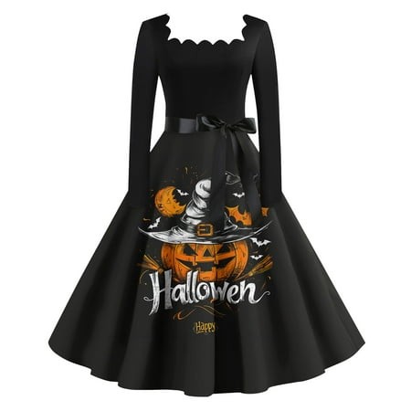 Taymeis Cocktail Dresses for Women 1950s Vintage Halloween Dress Pumpkin Print Long Sleeve Hepburn Dresses Loose Fit V Neck Swing Dress Cosplay Costum
