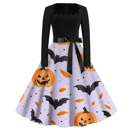 Taymeis Halloween Dress for Women Long Sleeve 1950s Dresses Hepburn Style Bat Print Cocktail Dress V-Neck a-Line Evening Dresses Cosplay Party Costume