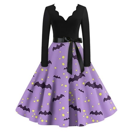 Taymeis Women S Halloween Dress Long Sleeve 1950s Dresses V-Neck Bat Print Cocktail Swing Dress Hepburn Style Plus Size Evening Dress Cosplay Party Co