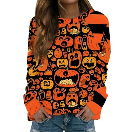 Taymeis Halloween Womens Sweatshirt Plus Size Crew Neck Pullover Spooky Pumpkin Face Print Long Sleeve Shirts Fall Loose Fit Horror Sweater Saffron XL