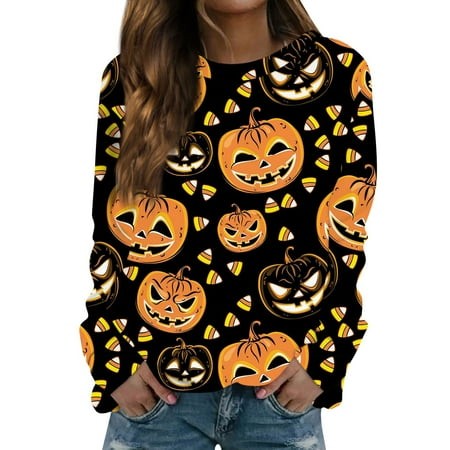 Taymeis Halloween Sweatshirts for Women Spooky Pumpkin Face Print Pullover Long Sleeve Crewneck Shirt Loose Fit Lightweight Casual Sweater Plus Size F