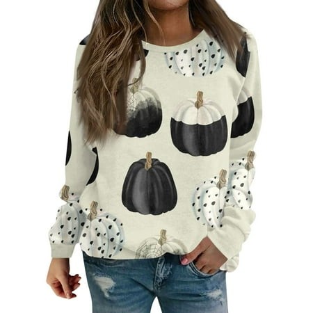 Pwidon Halloween Sweatshirts for Women 2024 Crew Neck Long Sleeve Pullover Halloween Horror Graphic Tee Tops Loose Fit Plus Size Sweater Beige M