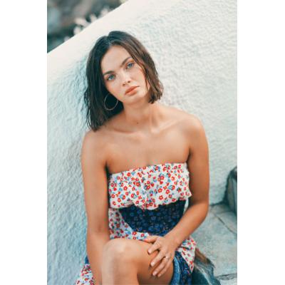 Lulus | Golden Hour Blush and Navy Floral Print Strapless MIDI Dress | Size Medium | 100% Polyester
