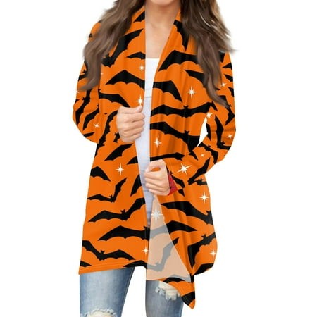 Taymeis Halloween Women S Cardigans Bat Print Open Front Sweaters Lightweight Long Sleeve Outwear Tops Fall Loose Fit Novty Clothes Orange 3XL