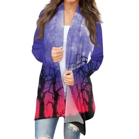 Taymeis Halloween Long Cardigans for Women Bat Print Long Sleeve Sweater Casual Open Front Coat Tops Fall Lightweight Funny Clothes Purple 3XL