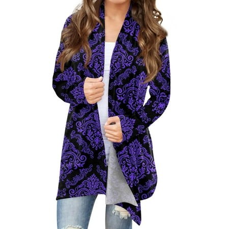 Taymeis Halloween Long Cardigans for Women Long Sleeve Open Front Sweater Halloween Print Plus Size Coat Tops 2024 Scary Clothes Purple L