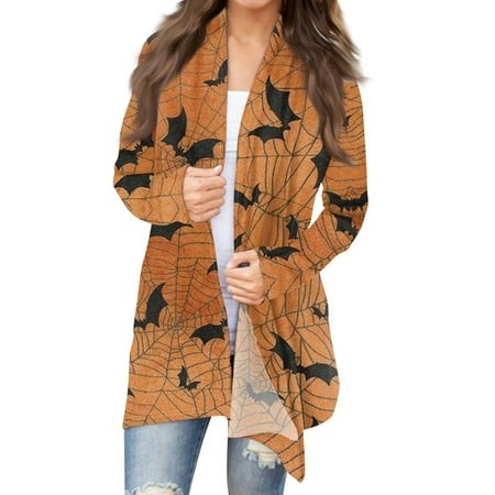 Taymeis Halloween Fall Sweaters for Women 2024 Bat Print Long Sleeve Cardigan Sweaters Cute Open Front Coat Tops Scary Outwear Red M