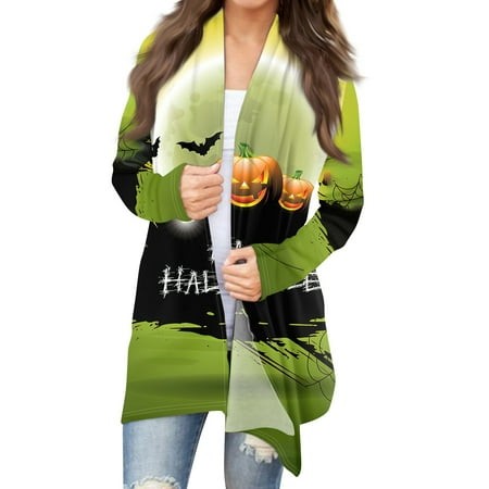Taymeis Halloween Womens Sweaters Fall Long Sleeve Open Front Cardigan Pumpkin Print Knit Cardigan Sweaters Cute Horror Coat Tops Green XL