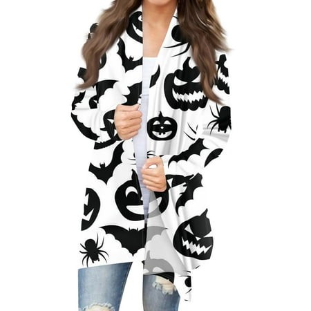 Taymeis Halloween Women S Cardigans Pumpkin Print Open Front Sweater Casual Long Sleeve Outwear Tops Fall Lightweight Horror Clothes White S