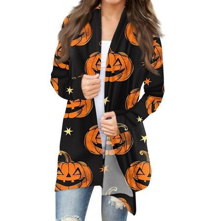 Taymeis Halloween Long Cardigans for Women Pumpkin Print Long Sleeve Sweaters Loose Fit Open Front Outwear Tops Fall 2024 Horror Clothes Black S