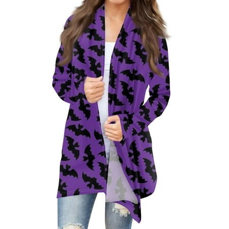 Taymeis Halloween Sweaters for Women Fall Long Sleeve Open Front Cardigans Bat Print Knitted Cardigan Sweaters Cute Funny Outwear Top Purple 4XL