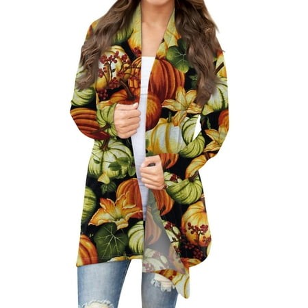 Taymeis Halloween Long Cardigans for Women Pumpkin Print Open Front Sweater Trendy Long Sleeve Coat Tops Fall Casual Novty Clothes Multicolor S