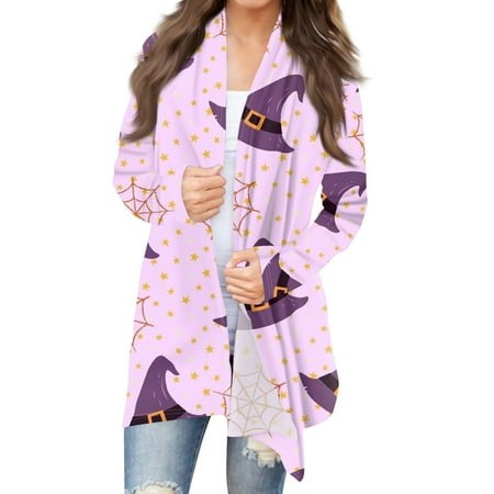 Taymeis Halloween Cardigans for Women Witch Hat Print Long Sleeve Sweater Plus Size Open Front Coat Tops Fall Lightweight Funny Clothes Light Purple S