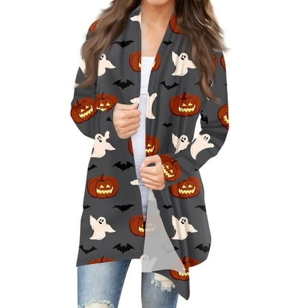 Taymeis Halloween Gray Cardigan for Women Pumpkin Ghost Print Long Sleeve Sweaters Trendy Open Front Coat Tops Fall Plus Size Novty Clothes Dark Gray 