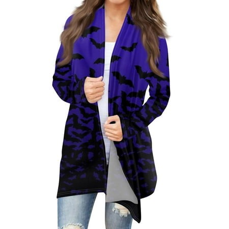 Taymeis Halloween Cardigan for Women Long Sleeve Open Front Sweater Bat Print Casual Outwear Tops Plus Size Novty Clothes Dark Blue L