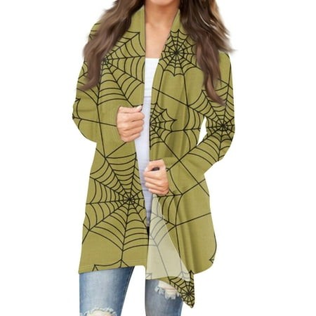 Taymeis Halloween Cardigan for Women Spider Web Print Open Front Sweater Plus Size Long Sleeve Coat Tops Fall Casual Horror Clothes Green L