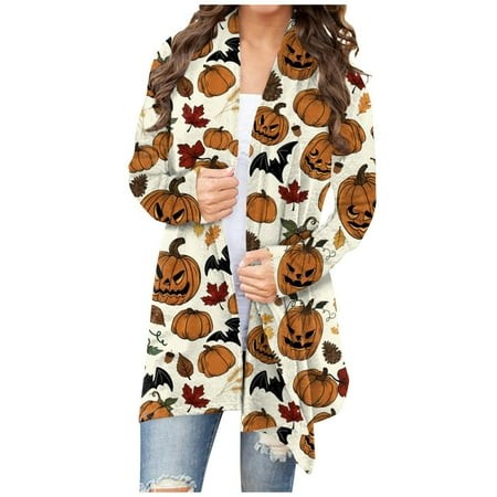 Taymeis Halloween Long Cardigans for Women Pumpkin Bat Print Open Front Sweaters Trendy Long Sleeve Outwear Tops Fall Oversized Spooky Clothes Beige M