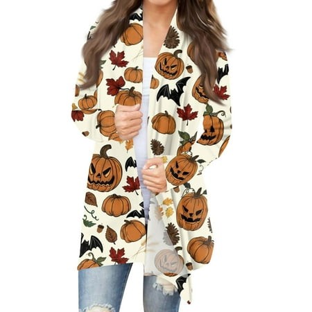 Taymeis Halloween Brown Cardigan for Women Pumpkin Print Open Front Sweater Trendy Long Sleeve Outwear Tops Fall Casual Scary Clothes Khaki 5XL