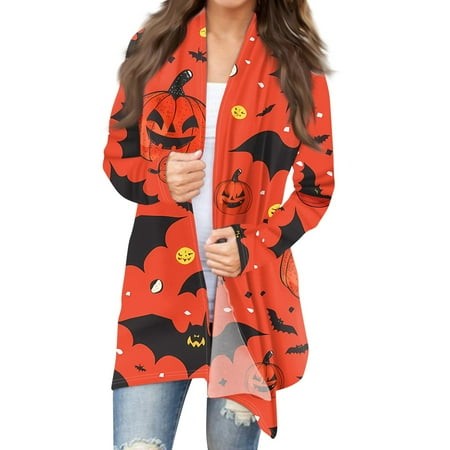 Taymeis Halloween Cardigan for Women Pumpkin Bat Print Open Front Sweaters Plus Size Long Sleeve Coat Tops Fall 2024 Novty Clothes Vermilion L
