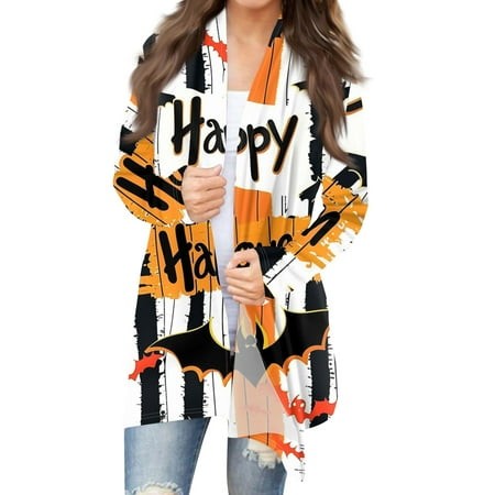 Taymeis Halloween Cardigans for Women Happy Halloween Print Long Sleeve Sweaters Trendy Open Front Outwear Tops Fall Casual Spooky Clothes Yellow XL