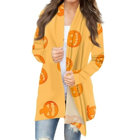 Taymeis Halloween Women S Cardigans Long Sleeve Open Front Sweater Pumpkin Print Lightweight Outwear Tops Oversized Spooky Clothes Saffron XL