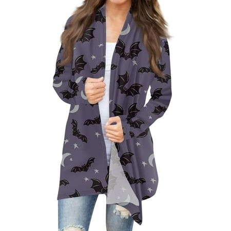 Taymeis Halloween Womens Cardigan Bat Print Open Front Sweater Oversized Long Sleeve Coat Tops Fall Plus Size Funny Clothes Dark Purple L