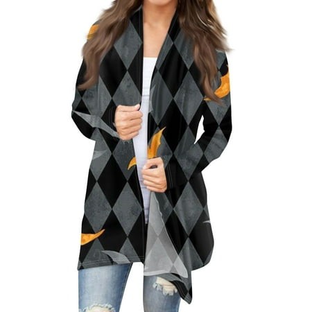 Taymeis Halloween Cardigans for Women Bat Print Long Sleeve Sweater Plus Size Open Front Coat Tops Fall Casual Scary Clothes Dark Gray S