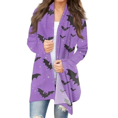Taymeis Halloween Cardigan for Women Spider Web Bat Print Long Sleeve Sweaters Trendy Open Front Outwear Tops Fall Oversized Funny Clothes Purple XL