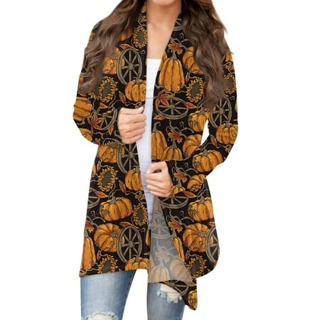 Taymeis Halloween Cardigan for Women Pumpkin Bat Print Open Front Sweaters Plus Size Long Sleeve Coat Tops Fall Trendy Funny Clothes Ginger 4XL