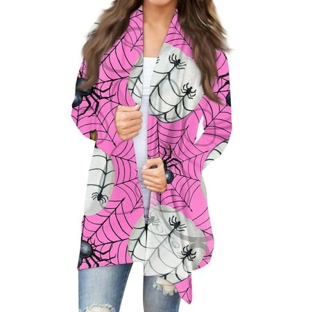 Taymeis Halloween Women S Cardigans Long Sleeve Open Front Sweater Spider Web Print Lightweight Outwear Tops Plus Size Spooky Clothes Hot Pink M