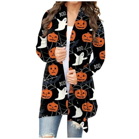 Taymeis Women S Halloween Pumpkin Ghost Sweater Long Sleeve Open Front Cardigan Plus Size Fall Knitted Outwear Top Funny Clothes Orange S