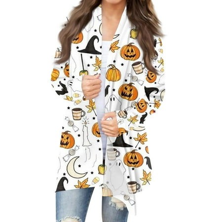 Taymeis Halloween Womens Cardigan Pumpkin Ghost Print Long Sleeve Sweaters 2024 Open Front Outwear Tops Fall Loose Fit Novty Clothes Fluorescence Yell