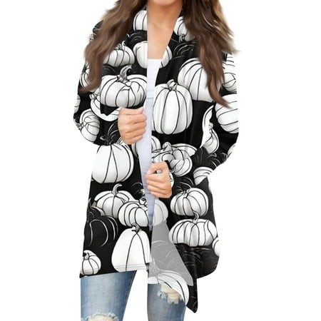 Taymeis Halloween Women S Cardigans Long Sleeve Open Front Sweaters Pumpkin Print Plus Size Outwear Tops Loose Fit Scary Clothes Black L