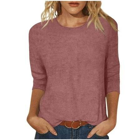 GA WEIHUA Corduroy Tops for Women Crew Neck 3/4 Sleeve Shirts 2025 Solid Basic T Shirts Casual Comfy Blouse Loose Fit Tunic Top Tshirts(Pink XXL